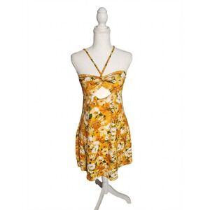 H&M Divided Floral Cutout Twist Front Mini Dress Mustard Yellow Orange Medium